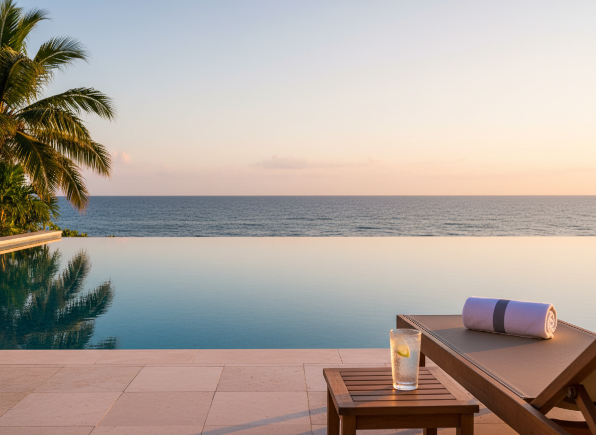 A luxurious oceanfront infinity pool seamlessly blending into a deep blue sea, the water’s surface perfectly still, reflecting a cloudless pastel sky. At the pool’s edge, a single rolled white towel with a subtle gray stripe rests on a teak lounge chair, accompanied by a frosted crystal glass of sparkling water with lime. The surrounding deck is pale stone, impeccably clean, with a few tropical fronds entering the frame from the side. Captured from a low, slightly angled perspective, the horizon line sits high in the frame, emphasizing serenity and endless possibilities. Golden hour light bathes the scene in a warm glow, enhancing textures and reflections. The mood is serene, exclusive, and indulgent, rendered in high-end photographic realism.
