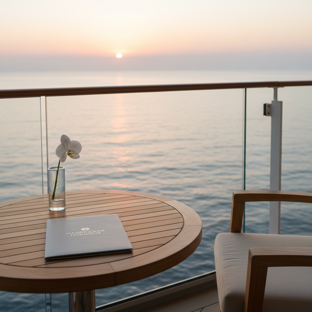 A sleek, private cruise balcony with a glass railing overlooks a calm, open sea tinged with the soft colors of sunrise—pale pinks, muted golds, and cool blues. In the foreground, a small round teak table holds a folded, high-end itinerary booklet embossed with a subtle, metallic Handpicked Horizons–style logo, alongside a single white orchid in a minimalist glass vase. A matching teak deck chair with a light, linen cushion is angled toward the horizon. Gentle early-morning light creates soft, elongated reflections on the glass railing and a delicate shimmer on the water. Captured from a slightly elevated angle with moderate depth of field, the scene feels tranquil, private, and exquisitely curated, embodying luxury cruise planning in photographic realism.