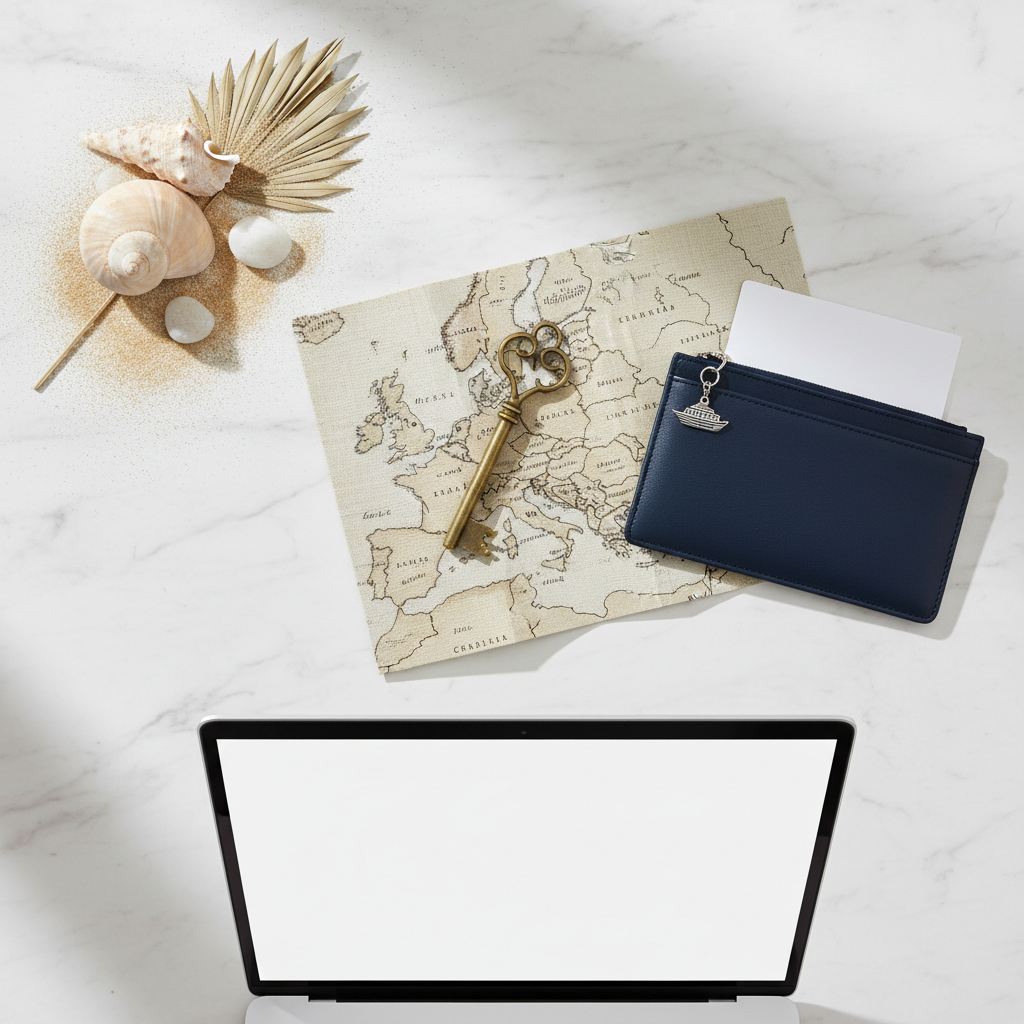 An overhead view of a meticulously arranged marble workspace featuring three distinct destination vignettes: a cluster of sand-dusted seashells and a miniature palm frond for tropical escapes, a vintage brass key atop a folded linen map of Europe, and a sleek navy boarding pass wallet paired with a tiny silver ship charm for curated cruises. Soft, diffused daylight from an unseen window gently illuminates the scene, creating delicate shadows and a calm, curated atmosphere. A slim, open laptop with a blank, softly glowing screen anchors one edge, hinting at digital trip planning. The composition follows the rule of thirds, with a clean, modern photographic aesthetic and sharp focus throughout, conveying order, sophistication, and personalized itinerary design.