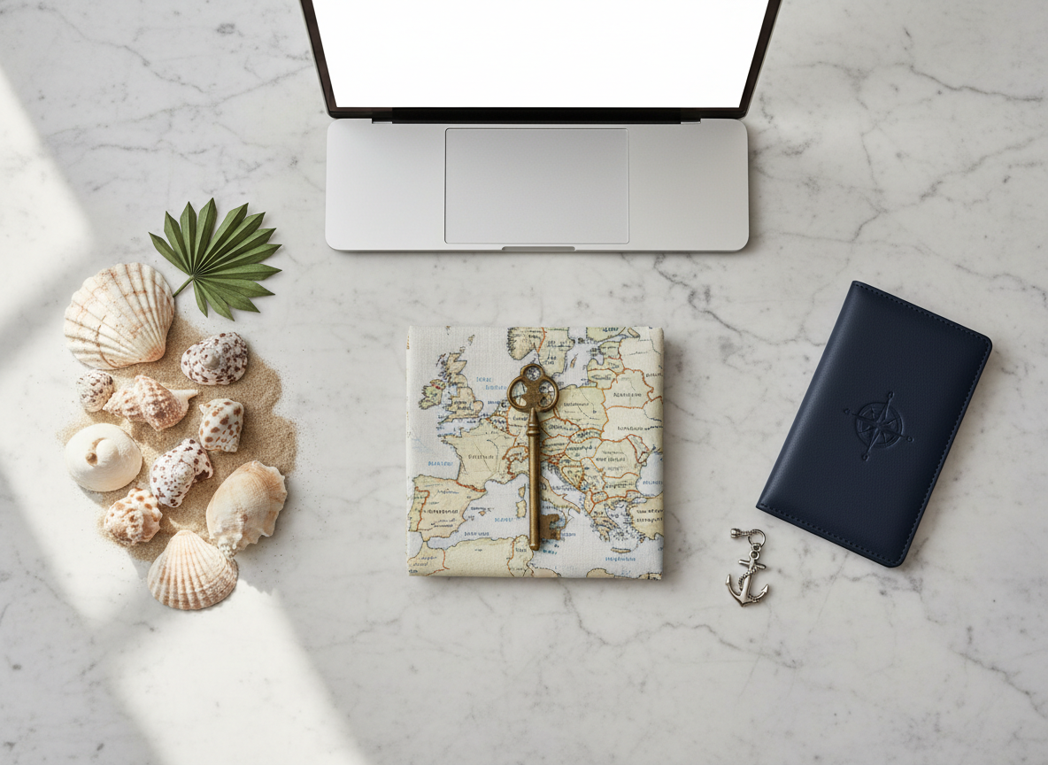 An overhead view of a meticulously arranged marble workspace featuring three distinct destination vignettes: a cluster of sand-dusted seashells and a miniature palm frond for tropical escapes, a vintage brass key atop a folded linen map of Europe, and a sleek navy boarding pass wallet paired with a tiny silver ship charm for curated cruises. Soft, diffused daylight from an unseen window gently illuminates the scene, creating delicate shadows and a calm, curated atmosphere. A slim, open laptop with a blank, softly glowing screen anchors one edge, hinting at digital trip planning. The composition follows the rule of thirds, with a clean, modern photographic aesthetic and sharp focus throughout, conveying order, sophistication, and personalized itinerary design.