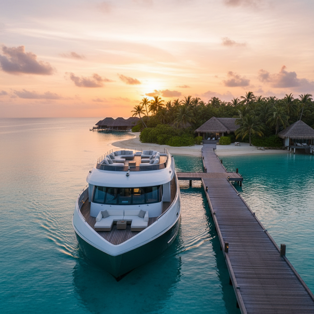 luxury resort ferry approaching a tropical island dock at sunset, calm turquoise water, modern white ferry boat with comfortable seating visible, upscale vacation mood, photographic, no people