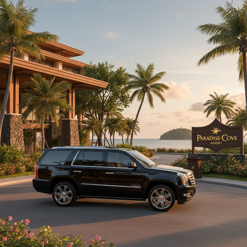 luxury black SUV used for high-end resort airport transfers, parked neatly outside a tropical resort entrance, warm early evening light, aspirational travel photography, no people, clean background
